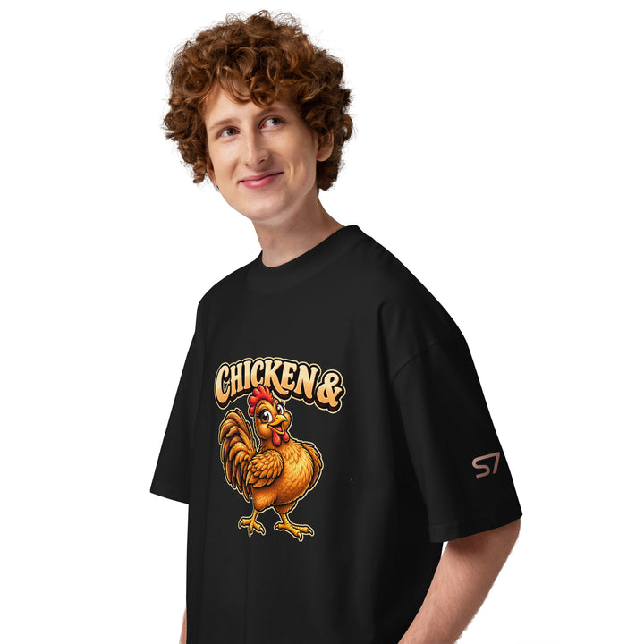 S7 Chicken &amp; Collard Greens graphic tee with a cartoon chicken on the front, illustrated bowl of collard greens on the back, and S7 sleeve logo.