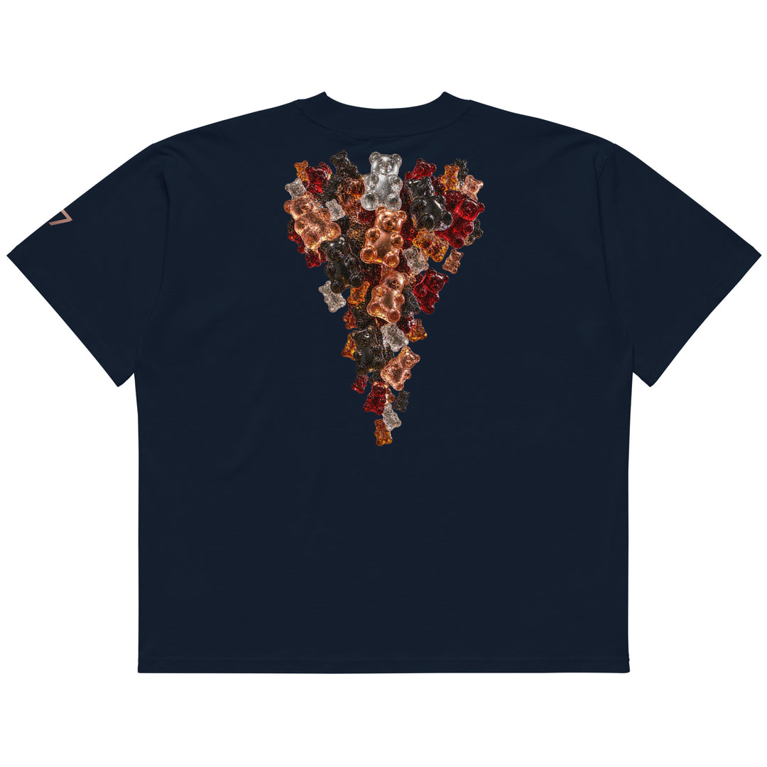 Back of black S7 Gummy Constellation T-shirt featuring a large cascading formation of jewel-like three-dimensional gummy bears.