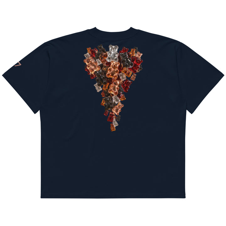 Back of black S7 Gummy Constellation T-shirt featuring a large cascading formation of jewel-like three-dimensional gummy bears.