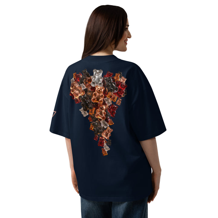Back of black S7 Gummy Constellation T-shirt featuring a large cascading formation of jewel-like three-dimensional gummy bears.