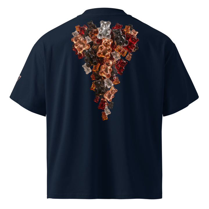 Back of black S7 Gummy Constellation T-shirt featuring a large cascading formation of jewel-like three-dimensional gummy bears.