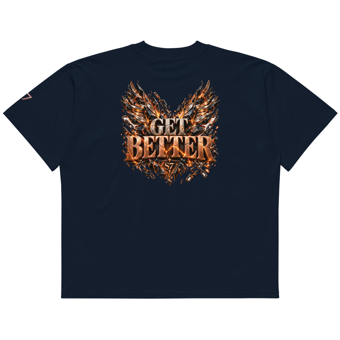 DON’T GET EVEN—GET BETTER Transformation T-Shirt | S7 in French Navy, showcasing the back design with &