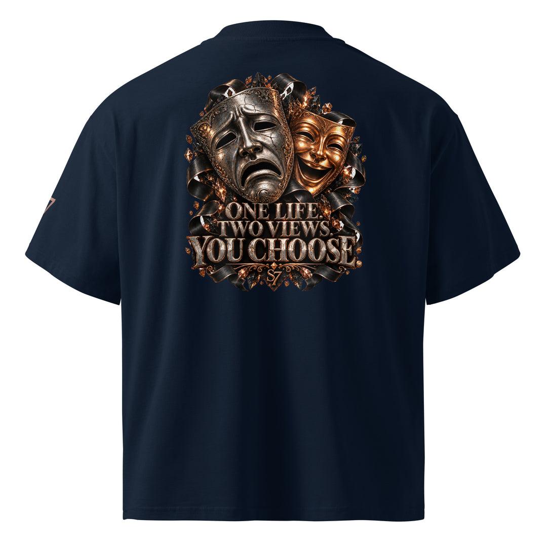 S7 “One Life, Two Views” Statement T-Shirt featuring comedy and tragedy masks with metallic detailing.