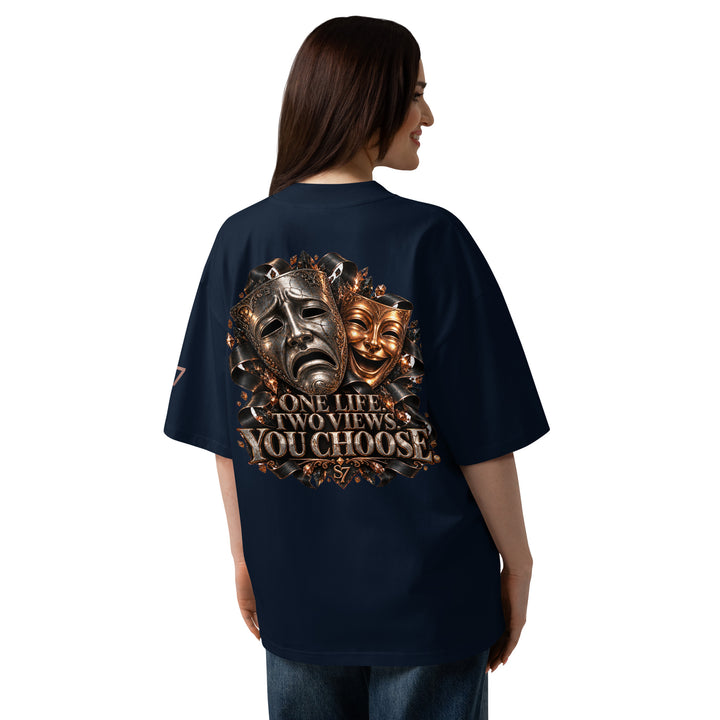 S7 “One Life, Two Views” Statement T-Shirt featuring comedy and tragedy masks with the phrase YOU CHOOSE.