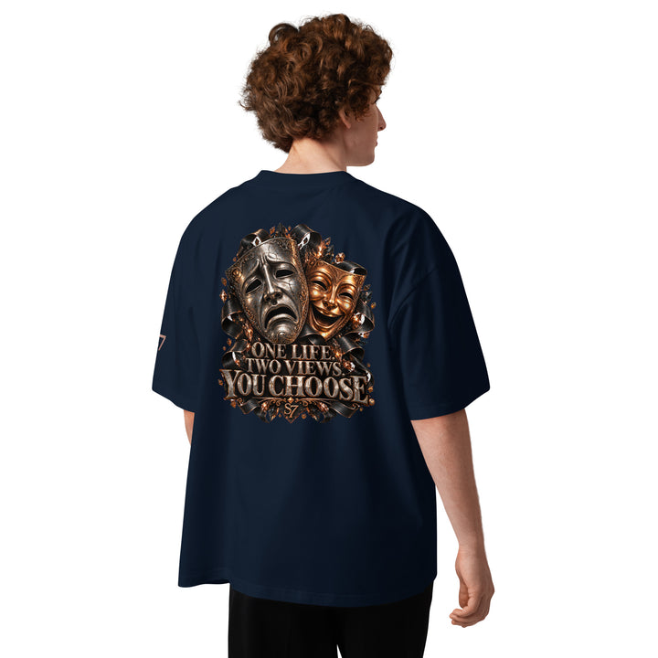 S7 "One Life, Two Views" Statement T-Shirt featuring comedy and tragedy masks with rose-gold details.