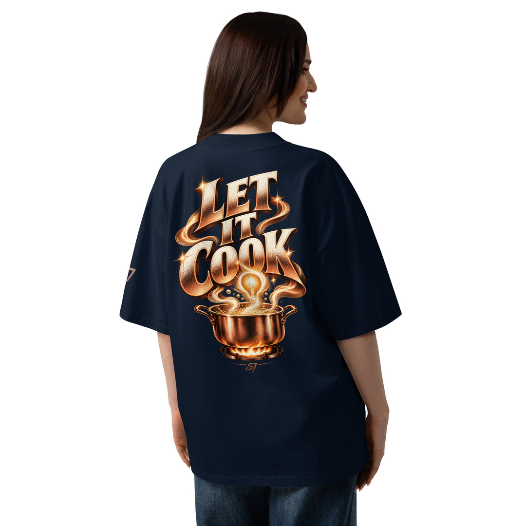 Back view of S7 “Got A Idea? Let It Cook” Graphic T-Shirt featuring bold letters and glowing graphics.