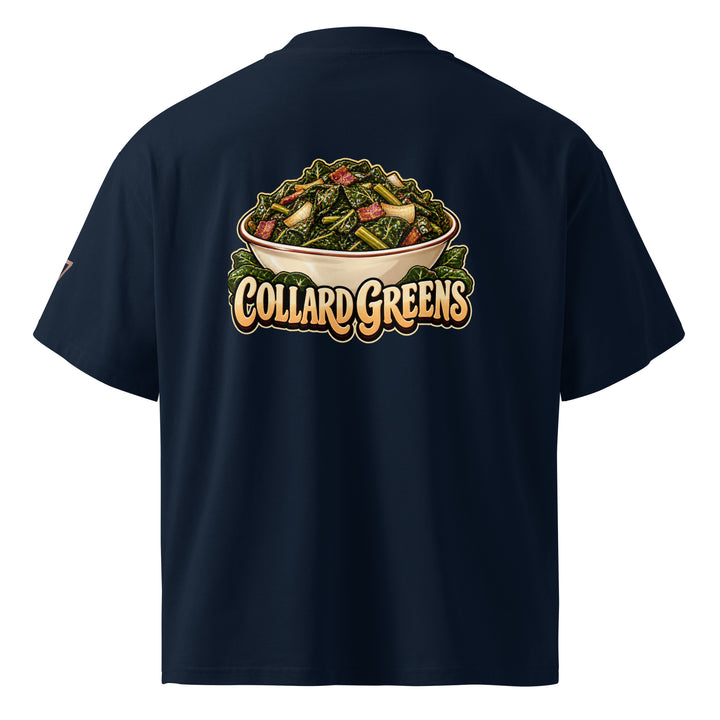 S7 Chicken &amp; Collard Greens graphic tee with a cartoon chicken on the front, illustrated bowl of collard greens on the back, and S7 sleeve logo.