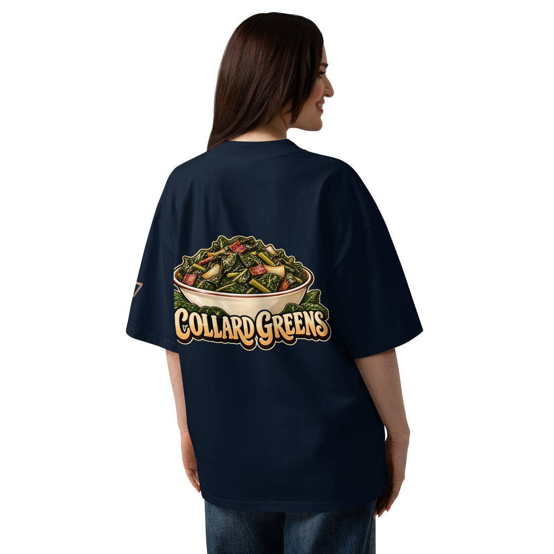 S7 Chicken &amp; Collard Greens graphic tee with a cartoon chicken on the front, illustrated bowl of collard greens on the back, and S7 sleeve logo.