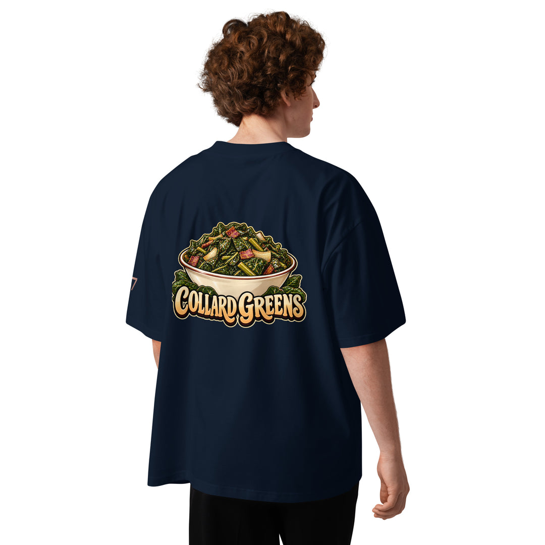 S7 Chicken &amp; Collard Greens graphic tee with a cartoon chicken on the front, illustrated bowl of collard greens on the back, and S7 sleeve logo.
