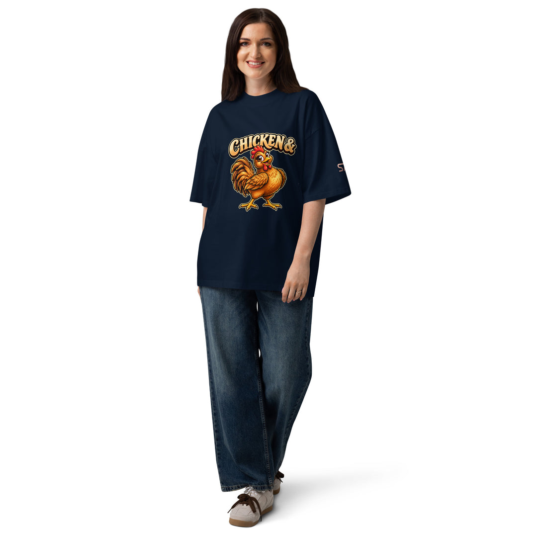 S7 Chicken &amp; Collard Greens graphic tee with a cartoon chicken on the front, illustrated bowl of collard greens on the back, and S7 sleeve logo.
