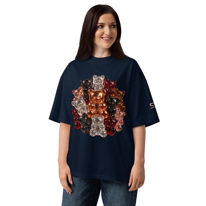 Front of black S7 Gummy Constellation T-shirt featuring a rounded cluster of platinum, copper, ruby, rose-gold and obsidian 3D gummy bears.