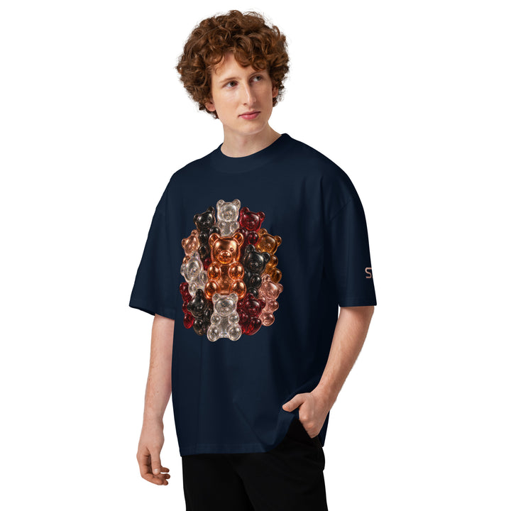Front  side of black S7 Gummy Constellation T-shirt featuring a rounded cluster of platinum, copper, ruby, rose-gold and obsidian 3D gummy bears.