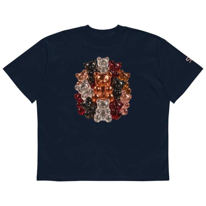 Front of black S7 Gummy Constellation T-shirt featuring a rounded cluster of platinum, copper, ruby, rose-gold and obsidian 3D gummy bears.