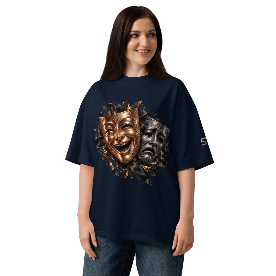 Woman wearing S7 “One Life, Two Views” Statement T-Shirt with comedy and tragedy masks design.
