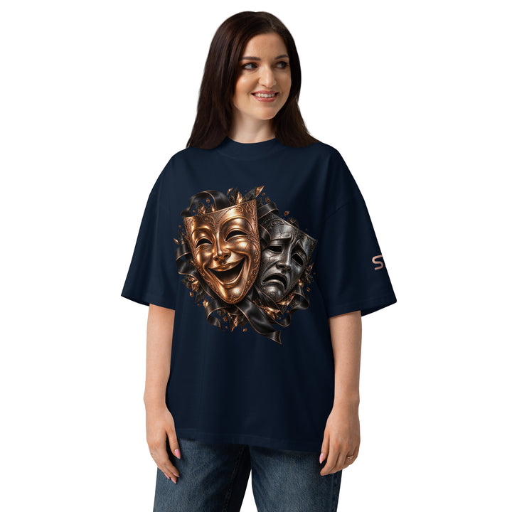 Woman wearing S7 “One Life, Two Views” Statement T-Shirt with comedy and tragedy masks design.