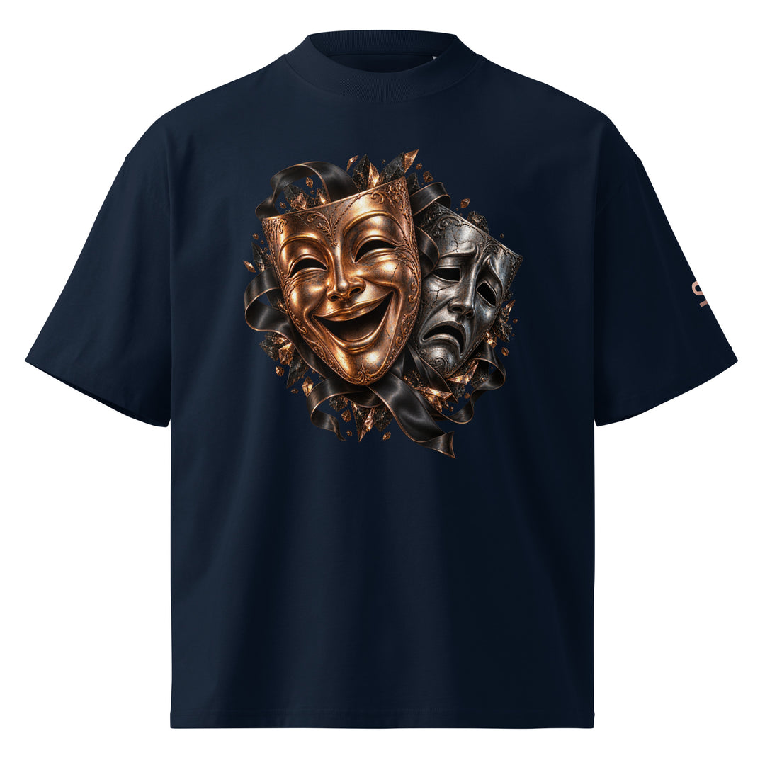 S7 “One Life, Two Views” Statement T-Shirt featuring bold comedy and tragedy masks in metallic tones on French Navy.