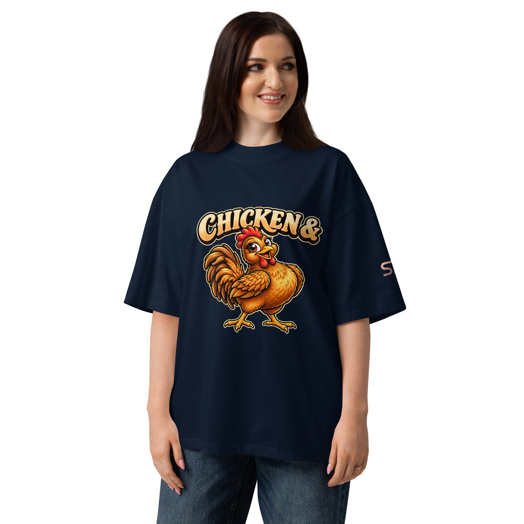 S7 Chicken &amp; Collard Greens graphic tee with a cartoon chicken on the front, illustrated bowl of collard greens on the back, and S7 sleeve logo.
