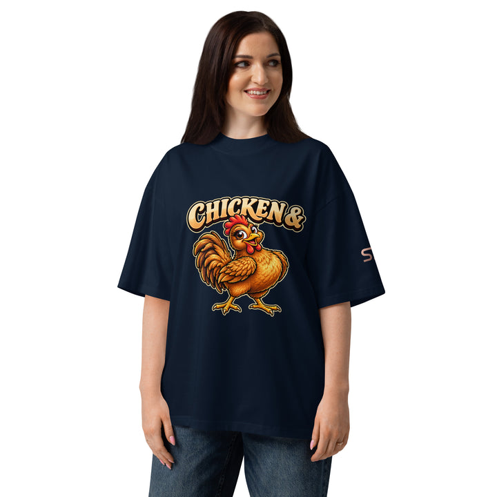 S7 Chicken &amp; Collard Greens graphic tee with a cartoon chicken on the front, illustrated bowl of collard greens on the back, and S7 sleeve logo.