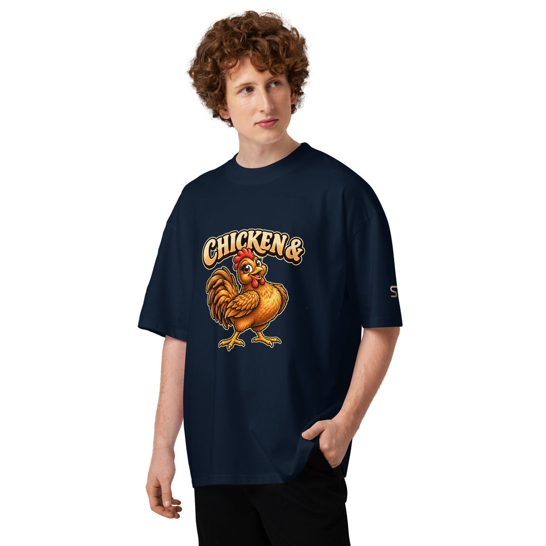 S7 Chicken &amp; Collard Greens graphic tee with a cartoon chicken on the front, illustrated bowl of collard greens on the back, and S7 sleeve logo.