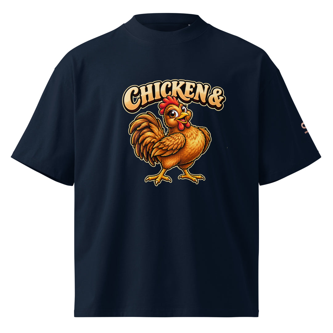 S7 Chicken &amp; Collard Greens graphic tee with a cartoon chicken on the front, illustrated bowl of collard greens on the back, and S7 sleeve logo.