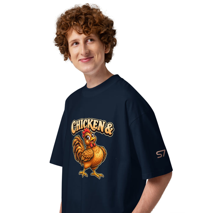 S7 Chicken &amp; Collard Greens graphic tee with a cartoon chicken on the front, illustrated bowl of collard greens on the back, and S7 sleeve logo.