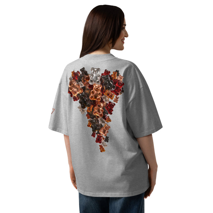Back of grey S7 Gummy Constellation T-shirt featuring a large cascading formation of jewel-like three-dimensional gummy bears.
