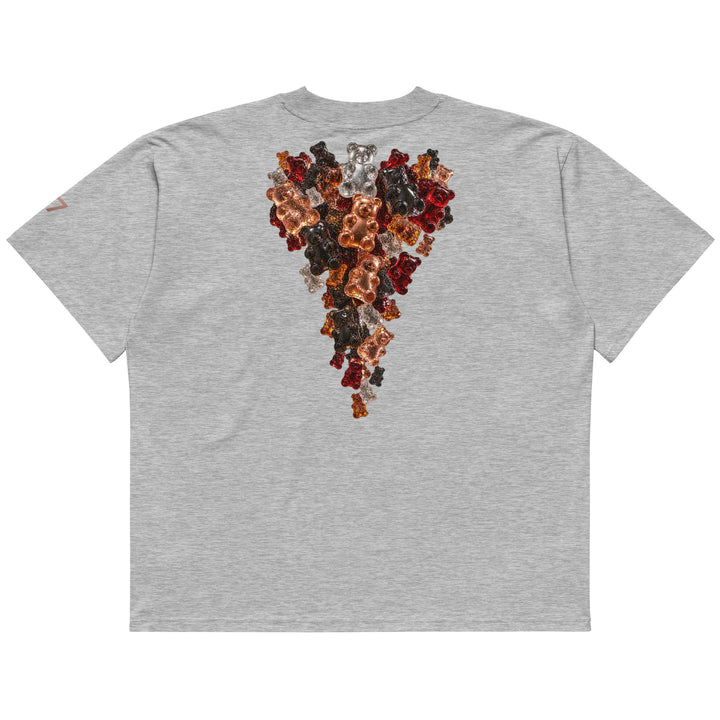 Back of grey S7 Gummy Constellation T-shirt featuring a large cascading formation of jewel-like three-dimensional gummy bears.