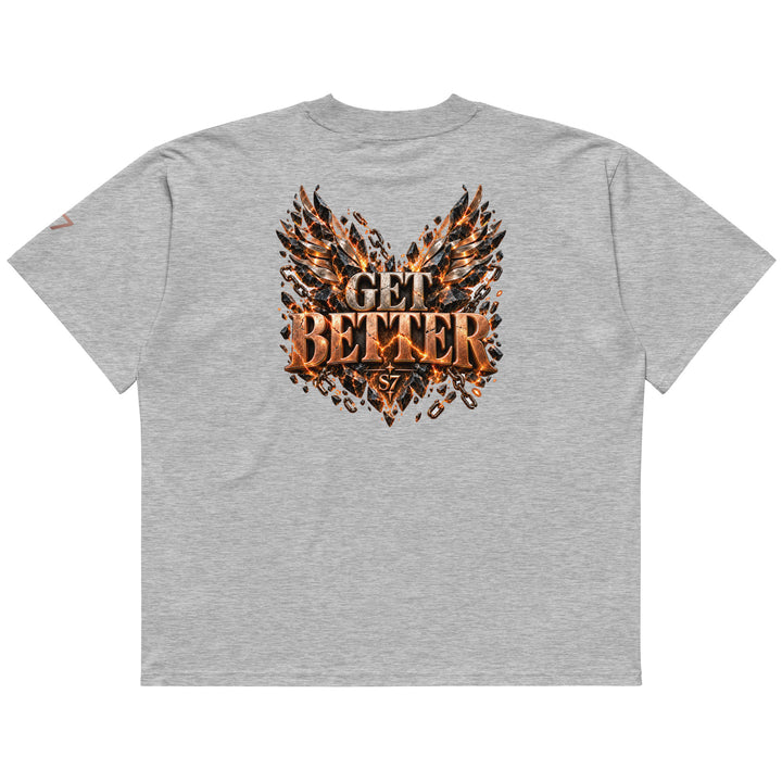 Back view of DON’T GET EVEN—GET BETTER Transformation T-Shirt | S7 in heather grey with intricate design.