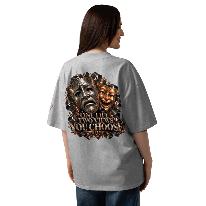 S7 “One Life, Two Views” Statement T-Shirt showcasing comedy and tragedy masks with the message &