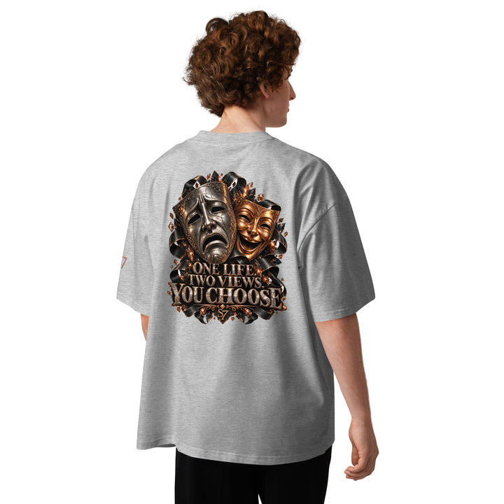 S7 “One Life, Two Views” Statement T-Shirt featuring comedy and tragedy masks on the back.