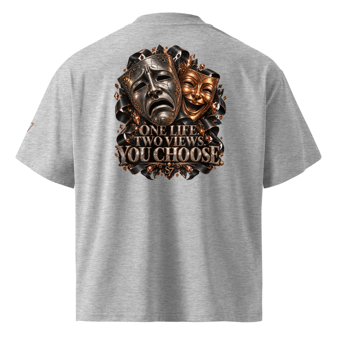 S7 “One Life, Two Views” Statement T-Shirt featuring comedy and tragedy masks in rich metallic tones.