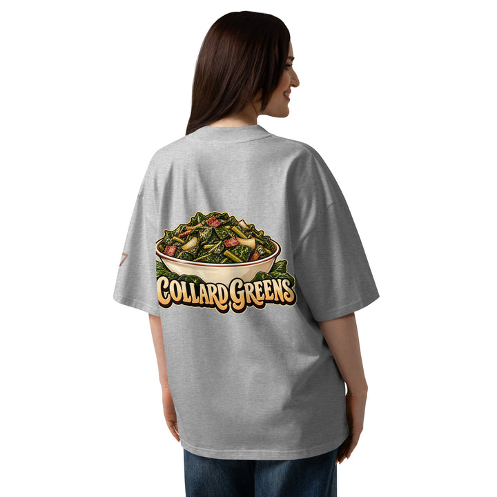 S7 Chicken &amp; Collard Greens graphic tee with a cartoon chicken on the front, illustrated bowl of collard greens on the back, and S7 sleeve logo.