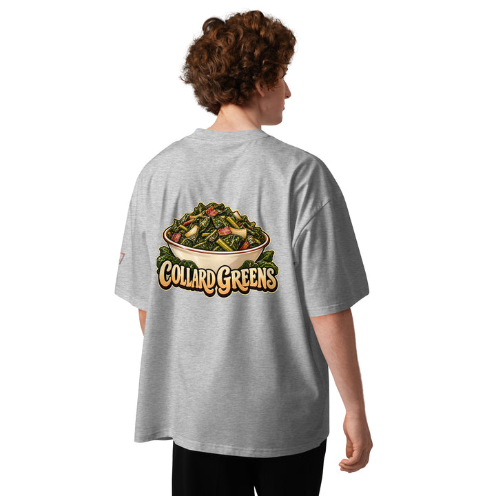 S7 Chicken &amp; Collard Greens graphic tee with a cartoon chicken on the front, illustrated bowl of collard greens on the back, and S7 sleeve logo.