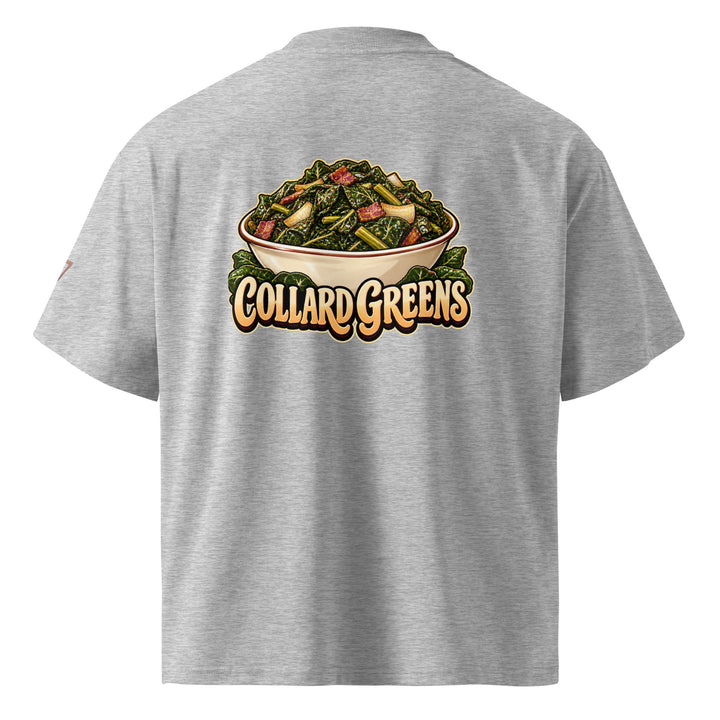 S7 Chicken &amp; Collard Greens graphic tee with a cartoon chicken on the front, illustrated bowl of collard greens on the back, and S7 sleeve logo.