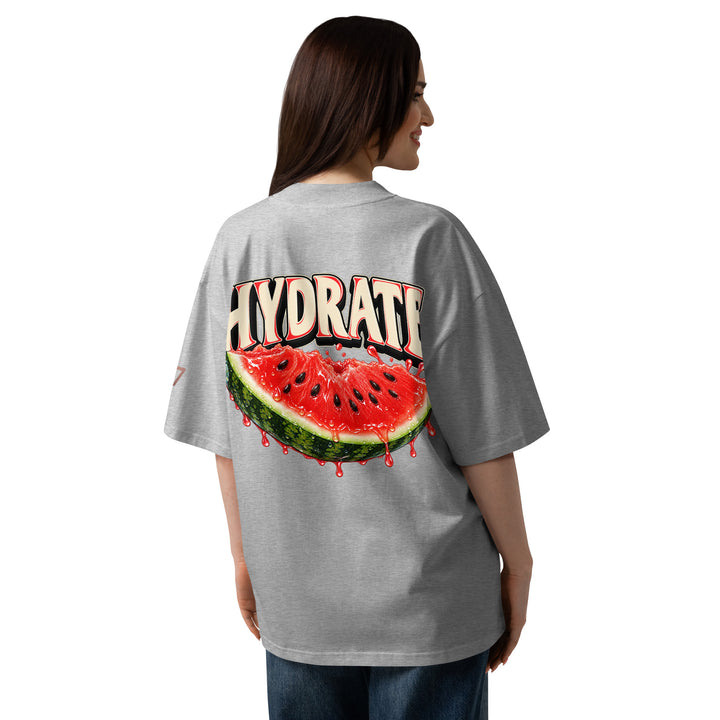 S7 Don’t Hate, Hydrate graphic T-shirt with bold “DON’T HATE” lettering on the front and a watermelon beneath “HYDRATE” on the back.