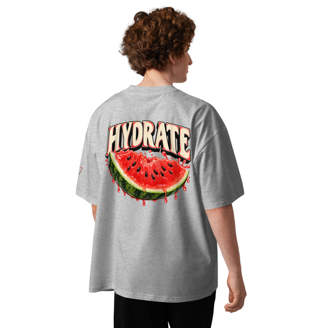 S7 Don’t Hate, Hydrate graphic T-shirt with bold “DON’T HATE” lettering on the front and a watermelon beneath “HYDRATE” on the back.
