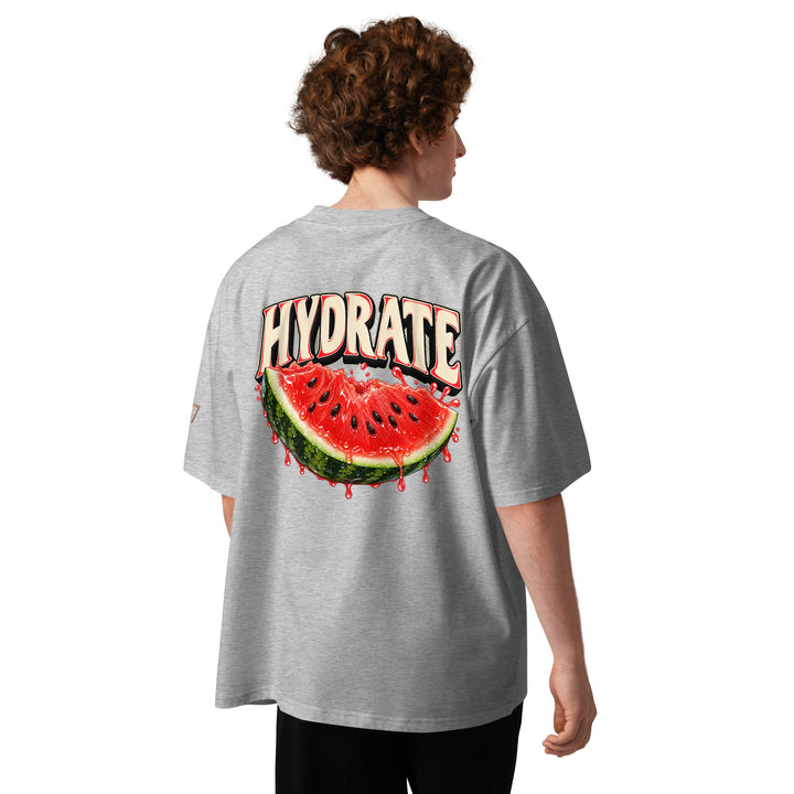 S7 Don’t Hate, Hydrate graphic T-shirt with bold “DON’T HATE” lettering on the front and a watermelon beneath “HYDRATE” on the back.