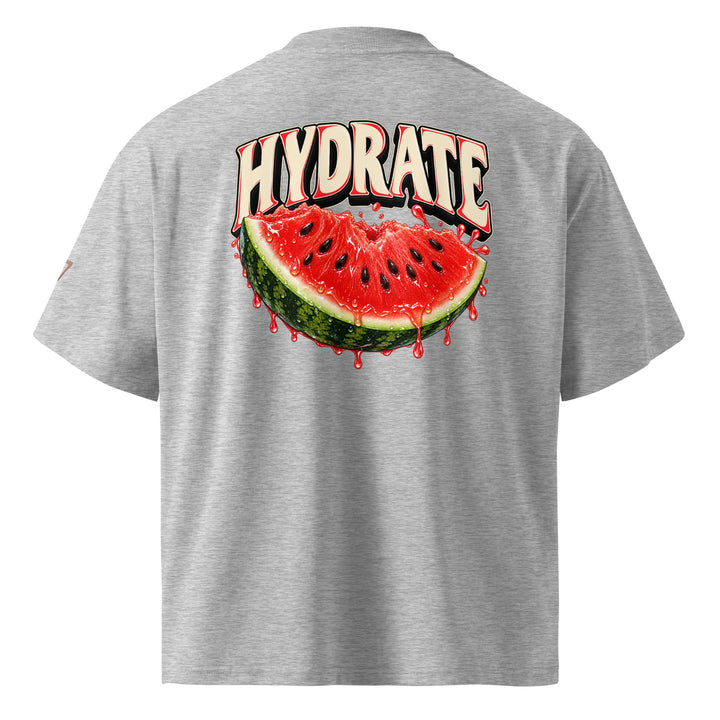 S7 Don’t Hate, Hydrate graphic T-shirt with bold “DON’T HATE” lettering on the front and a watermelon beneath “HYDRATE” on the back.