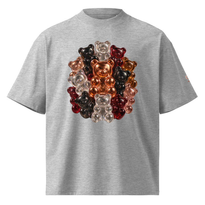 Front of black S7 Gummy Constellation T-shirt featuring a rounded cluster of platinum, copper, ruby, rose-gold and obsidian 3D gummy bears.