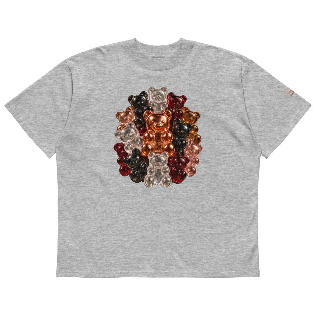 Front of grey S7 Gummy Constellation T-shirt featuring a rounded cluster of platinum, copper, ruby, rose-gold and obsidian 3D gummy bears.