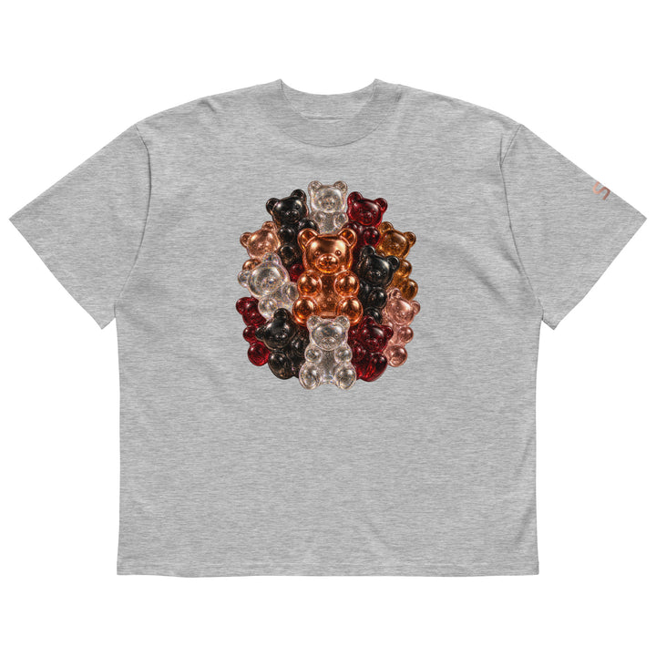 Front of grey S7 Gummy Constellation T-shirt featuring a rounded cluster of platinum, copper, ruby, rose-gold and obsidian 3D gummy bears.