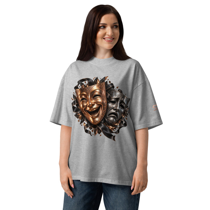 S7 “One Life, Two Views” Statement T-Shirt featuring comedy and tragedy masks with rich metallic tones.
