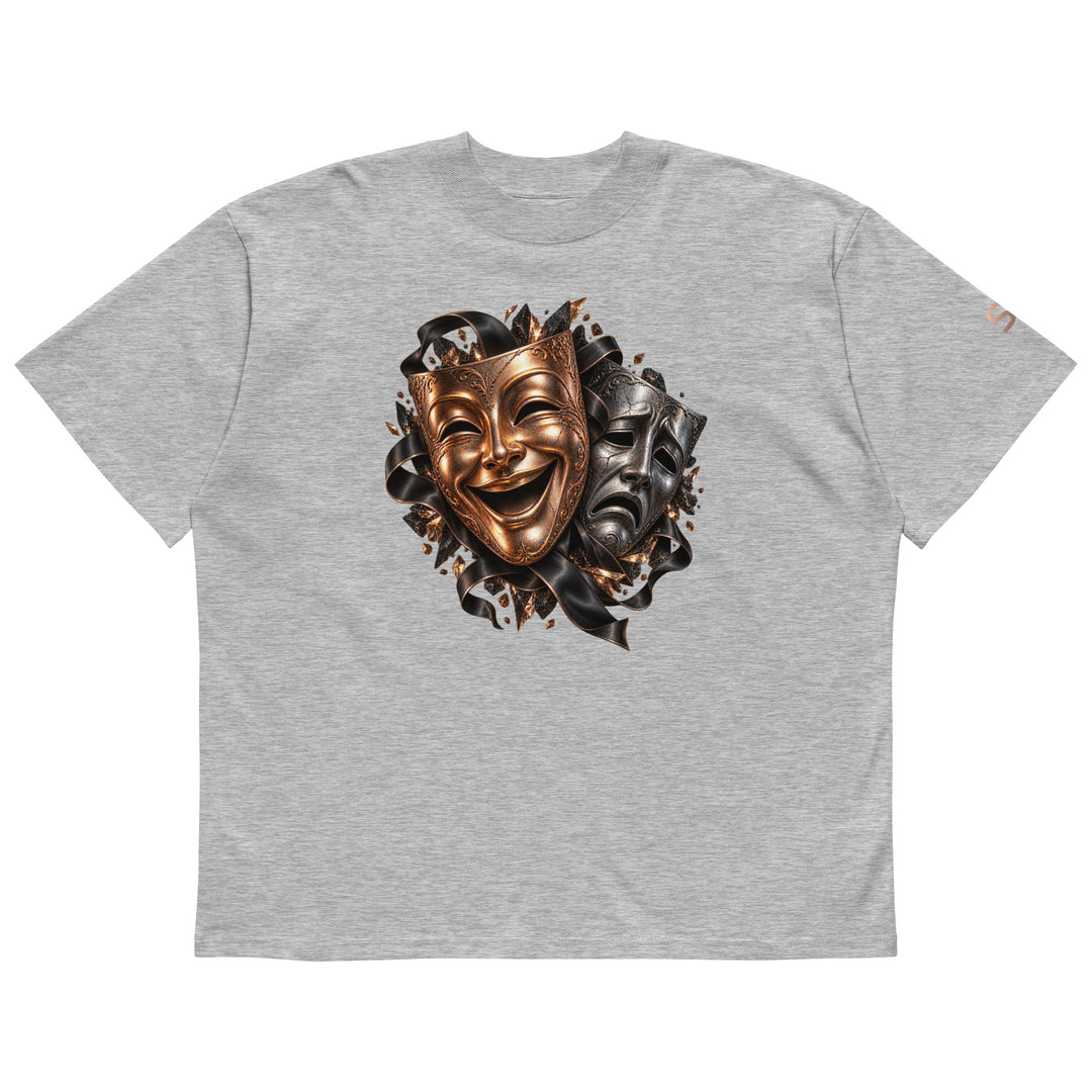 S7 “One Life, Two Views” Statement T-Shirt featuring comedy and tragedy masks in rich metallic tones.