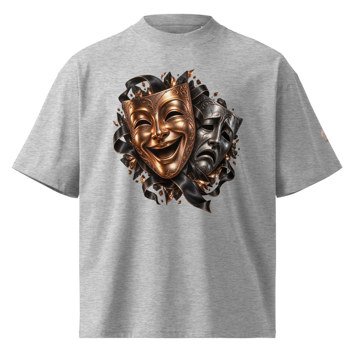 S7 “One Life, Two Views” Statement T-Shirt featuring comedy and tragedy masks in metallic tones on heather grey.