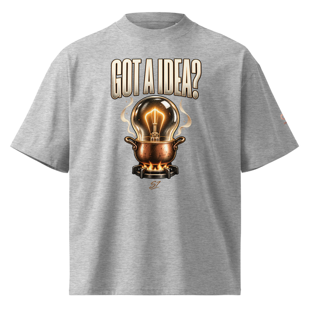 S7 “Got A Idea? Let It Cook” Graphic T-Shirt featuring a glowing bulb in a copper pot design on a gray T-shirt.
