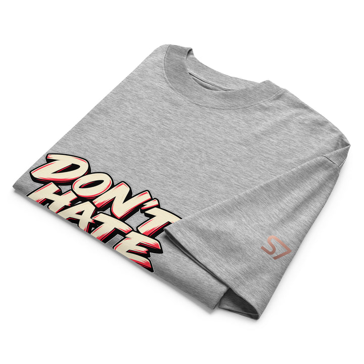 S7 Don’t Hate, Hydrate graphic T-shirt with bold “DON’T HATE” lettering on the front and a watermelon beneath “HYDRATE” on the back.