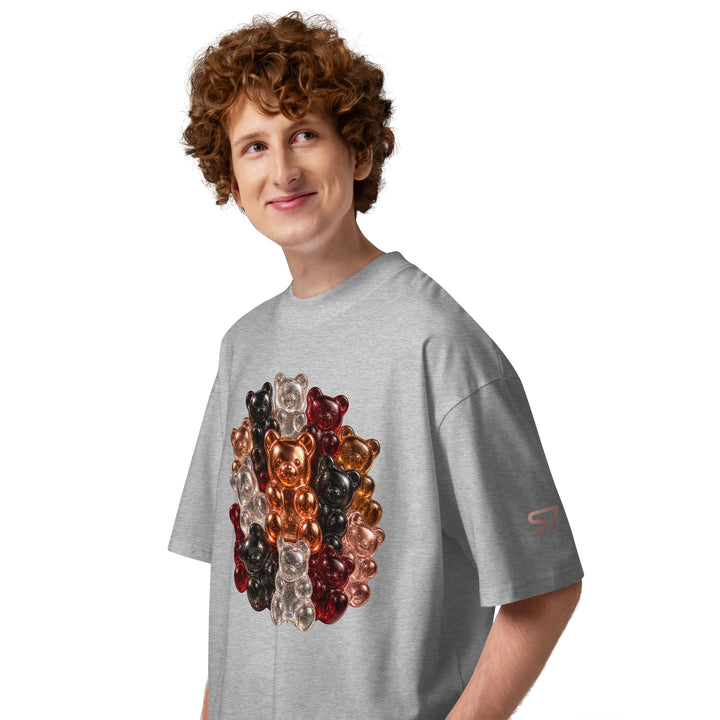 Front side view of black S7 Gummy Constellation T-shirt featuring a rounded cluster of platinum, copper, ruby, rose-gold and obsidian 3D gummy bears.