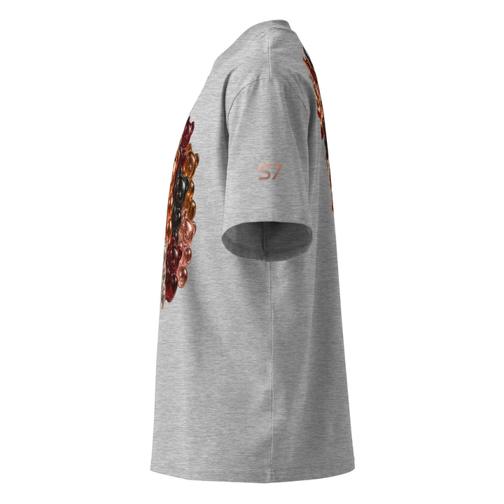 Left side view of grey S7 Gummy Constellation T-shirt featuring a rounded cluster of platinum, copper, ruby, rose-gold and obsidian 3D gummy bears.