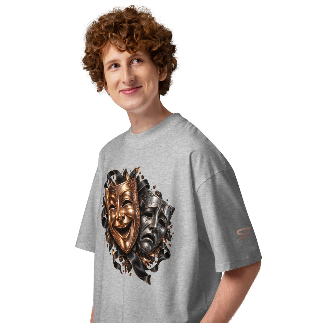 S7 “One Life, Two Views” Statement T-Shirt featuring comedy and tragedy masks, showcasing rich metallic tones.