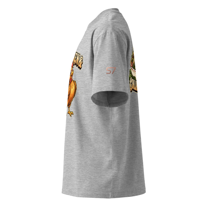 S7 Chicken &amp; Collard Greens graphic tee with a cartoon chicken on the front, illustrated bowl of collard greens on the back, and S7 sleeve logo.